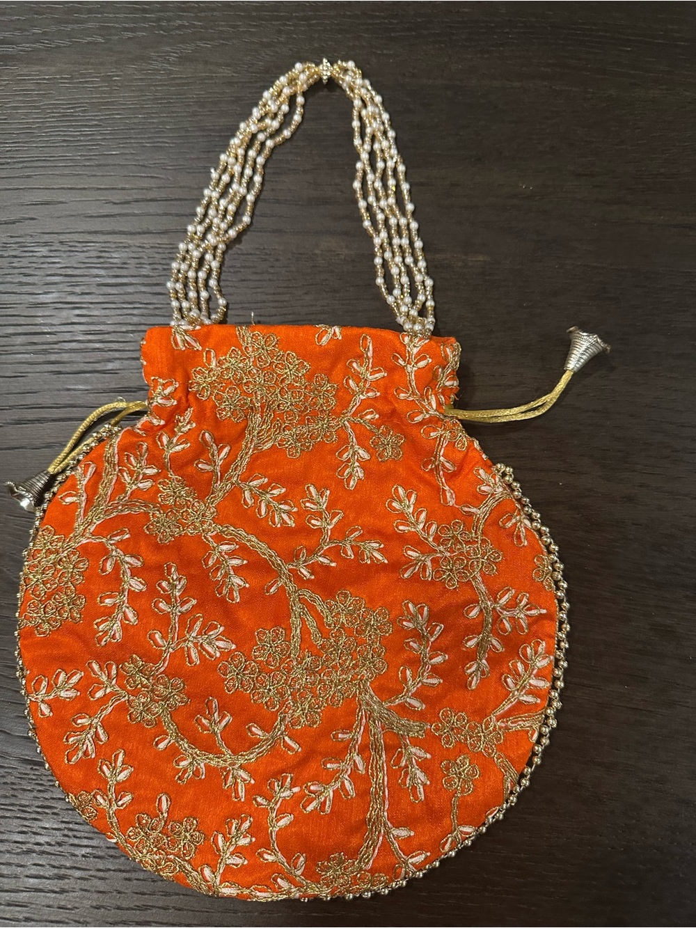 Orange Indian Potli Bag – Gold Zari Embroidery, Beaded Handles (NWOT)